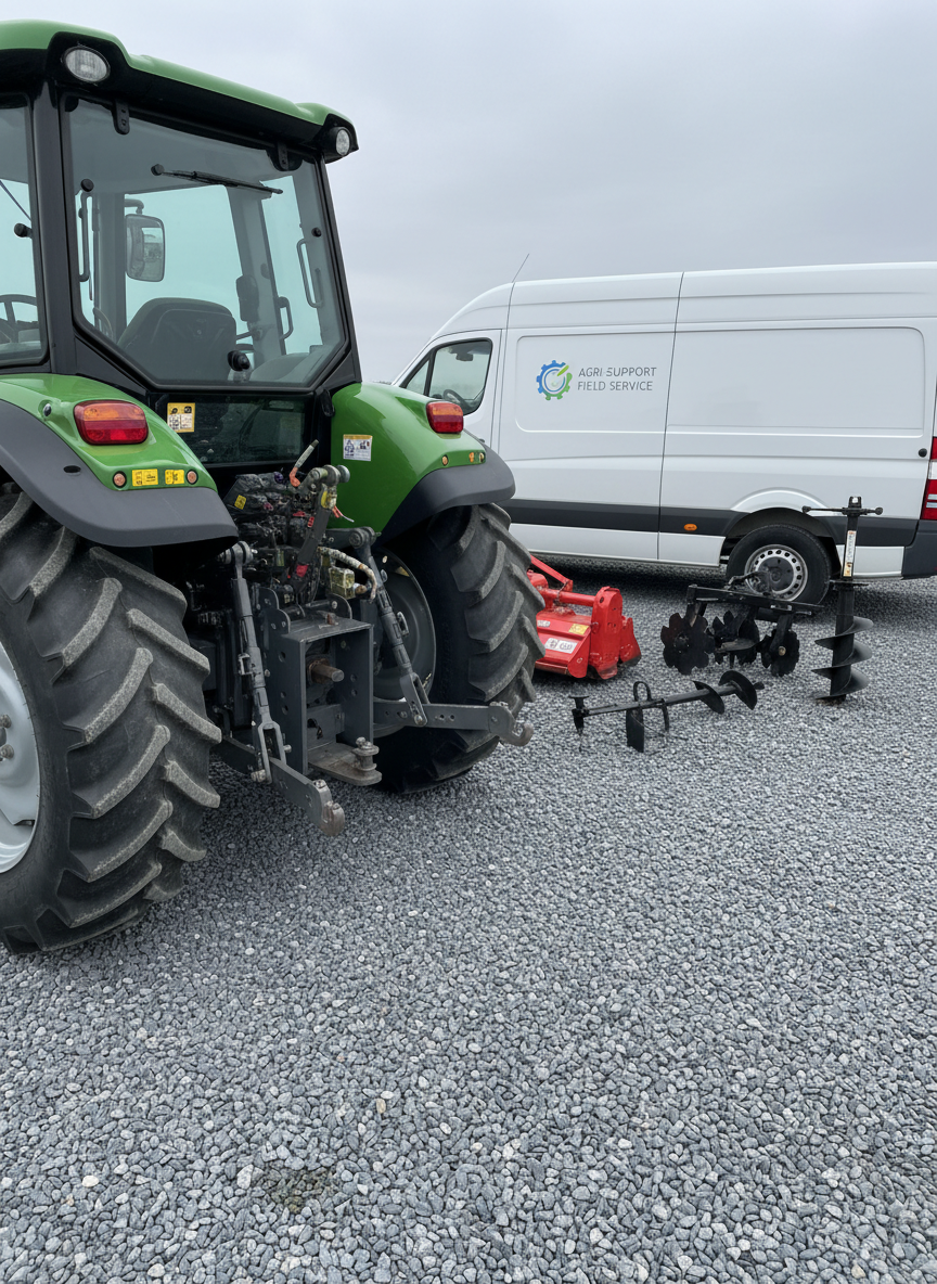 A rugged, mid-size green tractor positioned outdoors on compacted gravel directly in front of a mobile service van with subtle branding, both impeccably clean. The tractor’s rear three-point hitch and hydraulic connectors are prominently visible, with a few detached implements resting nearby. Soft, diffused overcast daylight wraps the scene, reducing harsh contrasts and conveying reliability in all weather conditions. Gentle reflections appear on metal surfaces and windows. Framed at eye level in a balanced composition, with the tractor in the foreground and the van slightly blurred behind, creating depth. Photographic realism, presenting a professional, responsive field-service capability for agricultural machinery.