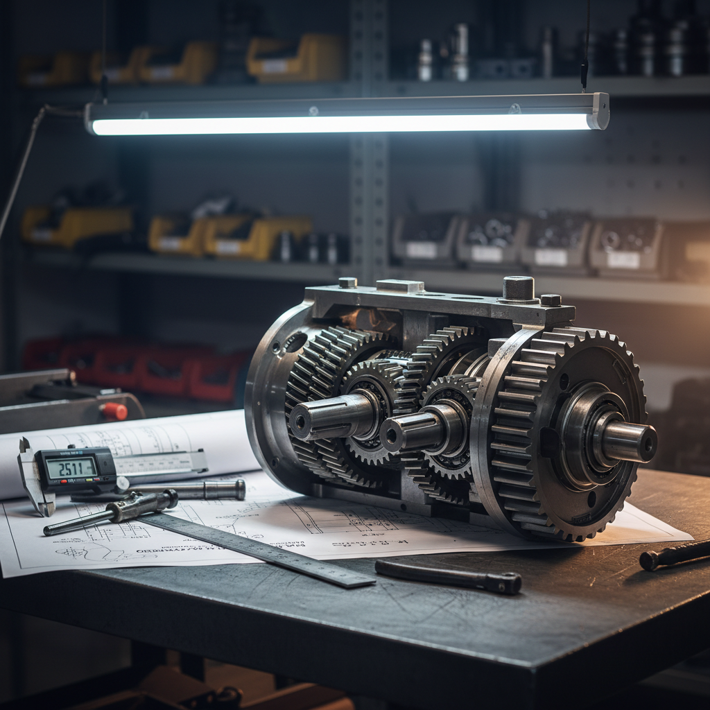 A close-up, highly detailed view of an industrial gearbox assembly mounted on a sturdy steel workbench, its machined metal gears and shafts gleaming with lightly oiled surfaces. Calibrated digital measuring tools, torque wrenches, and labeled technical drawings lie neatly arranged beside it. Cool white workshop lighting from above and a soft side light create defined reflections on the steel edges and subtle shadows in the gear teeth. The scene feels precise, technical, and trustworthy. Shot from a slightly elevated angle with shallow depth of field, the main gearbox is in crystal-clear focus while background shelving with organized parts fades into a soft blur. Photographic realism emphasizing accuracy, engineering quality, and professional machine service.