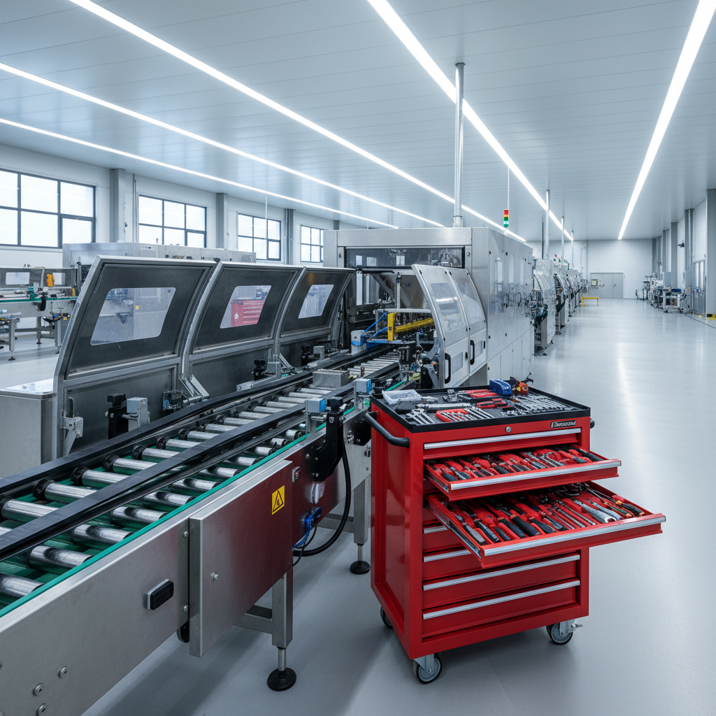 A long production line of industrial conveyors and processing machines in a factory hall, with one section clearly opened for maintenance: panels removed, belts slackened, and internal rollers exposed. A tidy mobile tool cabinet stands close by, its drawers slightly open, revealing organized tools. Bright, even LED lighting from the high ceiling ensures every surface is well lit, with subtle shadows adding depth. The space looks clean, modern, and efficiently managed. Captured from a low, wide-angle perspective down the length of the line to emphasize scale and continuity, with strong depth of field so all details remain sharp. Photographic realism conveying expertise in servicing complete production lines and machine systems.