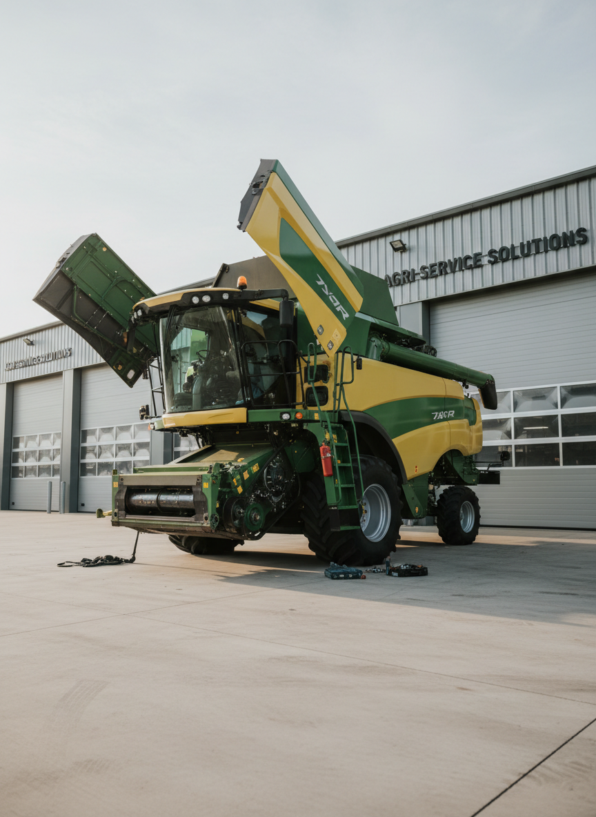 A heavy-duty agricultural combine harvester with its side panel open, revealing complex internal components, belts, and hydraulics, parked on a clean concrete apron in front of a modern service hall. The building features large gray metal doors and discreet company branding on the facade. Soft late-afternoon natural light creates gentle highlights on the machine’s yellow and green paintwork and casts long, calm shadows. The sky is lightly overcast, adding an even, professional tone to the scene. Framed using the rule of thirds from a low-angle perspective to emphasize the scale and robustness of the equipment, with sharp focus throughout. Photographic realism conveying reliability, capability, and a serious industrial service environment.