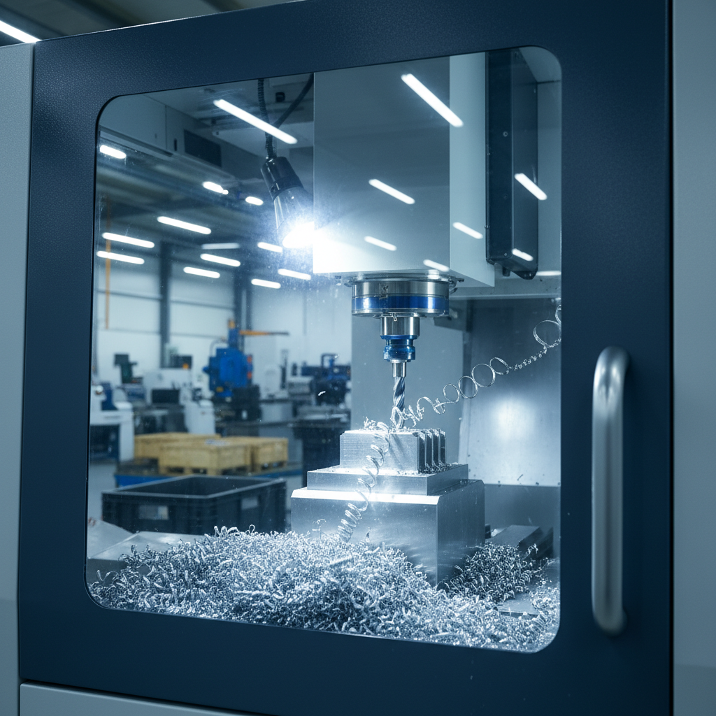 A precision CNC milling machine in mid-operation, enclosed in its safety housing, cutting a custom metal spare part from a solid steel block. Fine metallic shavings curl away around the workpiece, gathering in a neat bed below. Inside the enclosure, bright, focused machine lighting sharply illuminates the cutting area, while the rest of the workshop remains softly lit with cool overhead LEDs. The atmosphere is high-tech, meticulous, and efficient. Captured through the clean transparent safety window at a slightly oblique angle, focusing on the tool head and the emerging component, with the background machines rendered in gentle blur. Photographic realism with a modern industrial aesthetic, highlighting custom part manufacturing capability for agricultural and industrial equipment.