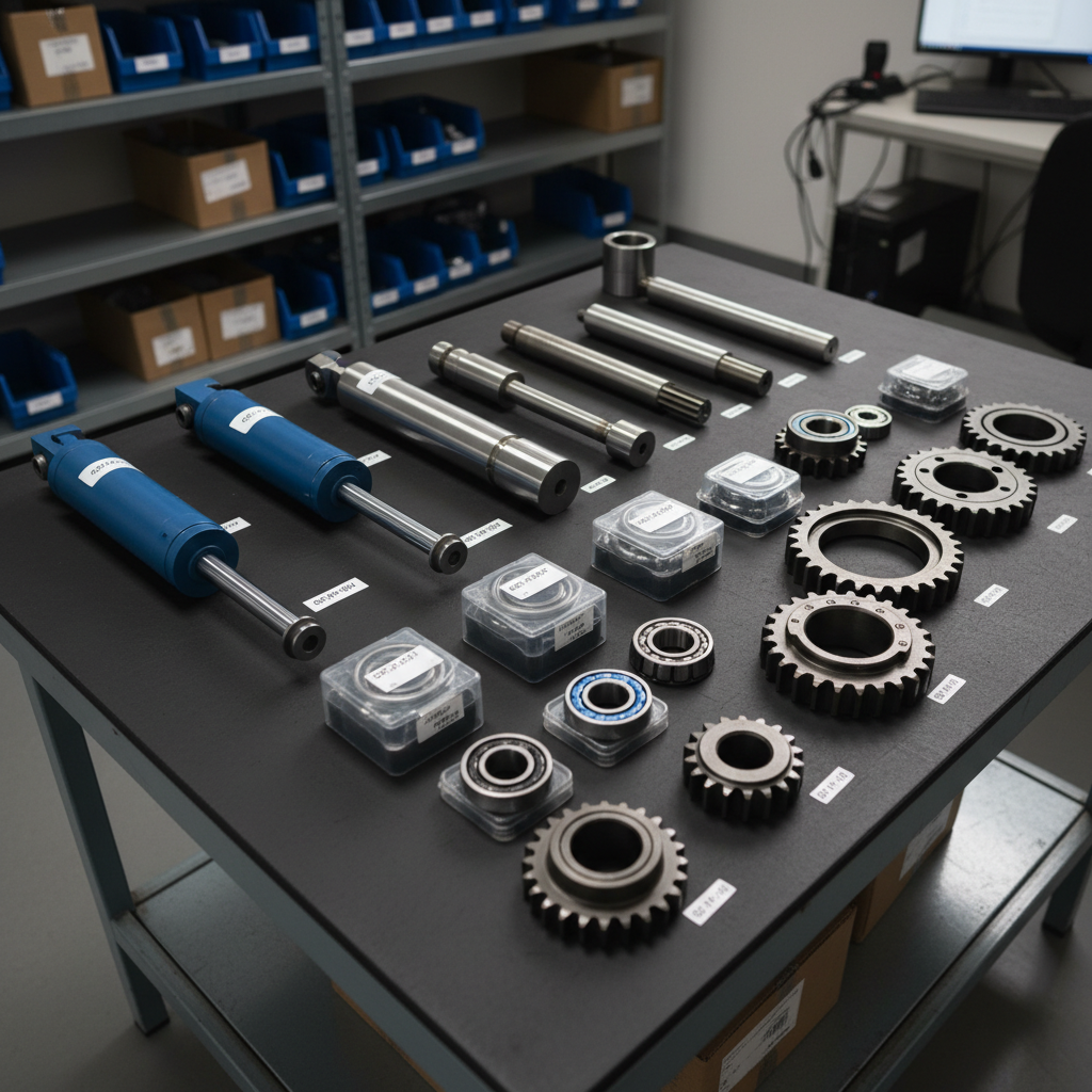 An orderly row of various agricultural and industrial machine components—hydraulic cylinders, custom-fabricated shafts, precision bearings, and heavy-duty sprockets—laid out on a dark rubber-topped inspection table. Each part has a small, clean label or engraved code, emphasizing traceability and quality control. Overhead diffused workshop lighting produces soft reflections on the machined metal surfaces and subtle shadows that define their shapes. The mood is calm, methodical, and trustworthy. Shot from a slightly elevated, nearly top-down angle, with sharp focus on all components to showcase variety and precision. The background hints at blurry shelving and a diagnostic station, maintaining an uncluttered, professional industrial service atmosphere in photographic realism.